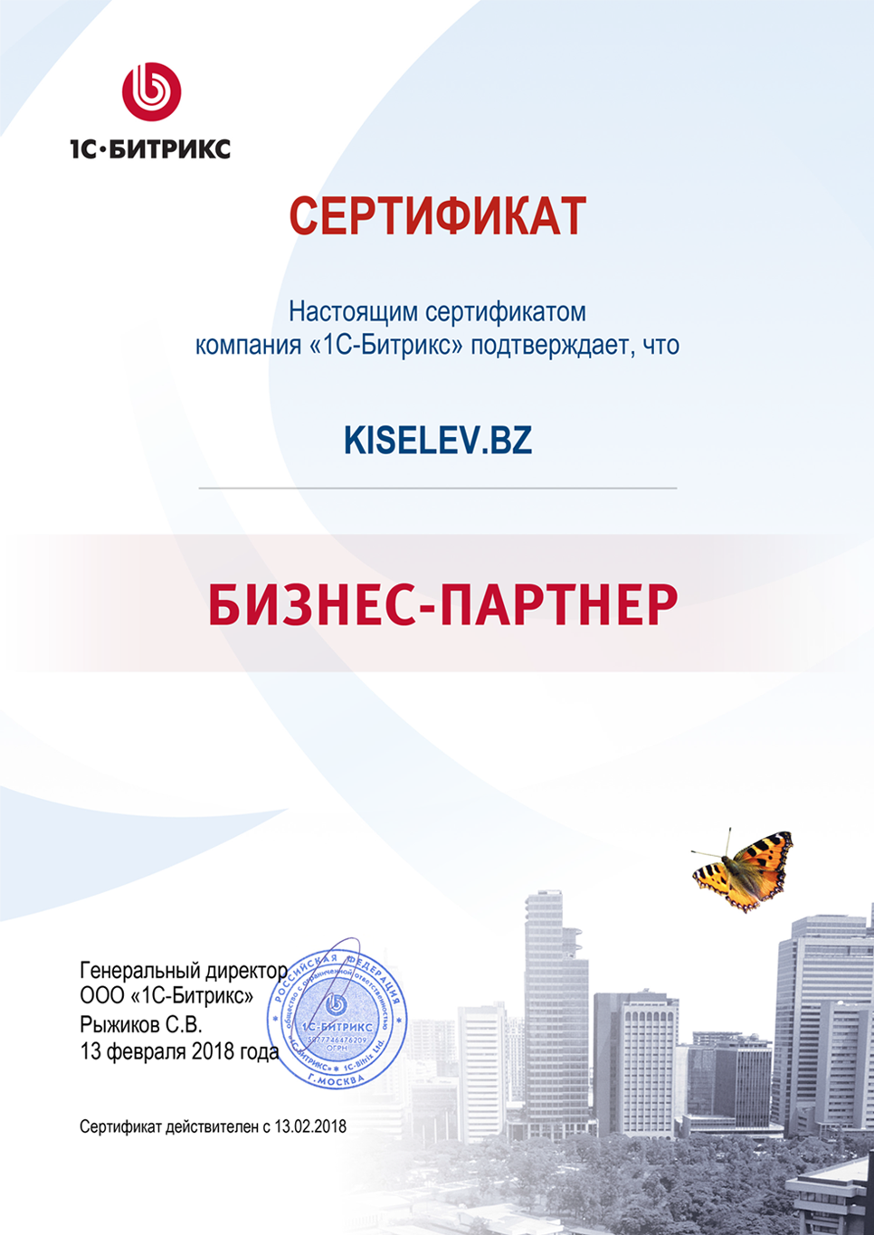 Сертификат партнёра по СРМ системам в Новомичуринске